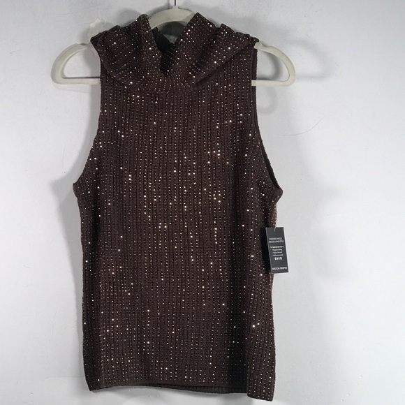 Boston Proper Rhinestone Turtleneck Sweater Tank Women's Size L - Safari Brown